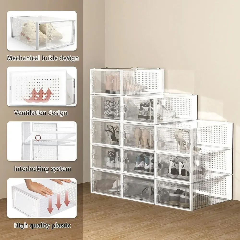 Stackable Clear Shoe Storage Boxes - 15 Pack Foldable Organizers for Closet